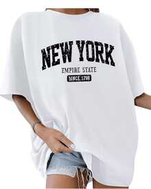 Large Lettering That Evokes The Urban Spirit And Energy Of New York State, A Symbol Of Strength, Independence, And Modernity. Comfortable Casual Women's T-Shirt, Ideal For Everyday Wear. - 白色 - 查看 1