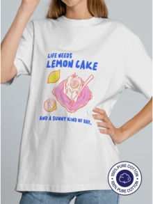 Lemon Cake With Fresh Slices Represents A Sweet And Positive Life Under The Radiant Sun. A Comfortable, Modern, Casual Women's T-Shirt, Ideal For Joyful Days. - 白色 - 查看 1