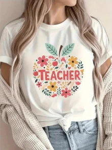 Colorful Apple Made Of Flowers, Leaves, And Small Educational Symbols That Convey Gratitude, Joy, And Positive Energy For Dedicated And Creative Teachers. Comfortable Casual Women's T-Shirt For Everyday Wear. - 白色 - 查看 6