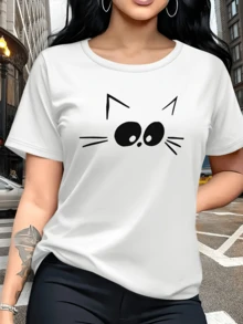 A Curious Cat Figure With Big Eyes And Pointed Ears Conveys Friendliness, Fun, And A Youthful Touch-Ideal For Animal Lovers. A Modern, Casual Women's T-Shirt For Everyday Wear. - 白色 - 查看 6