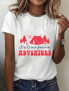 Women's Grey "Adventure Moment" Print T-Shirt, Relaxed And Modern Fit With Printed Short Sleeves, Casual Round Neck Top, Suitable For Summer Camps, Outdoor Activities And Holidays, With Inspirational Phrases, Comfortable And Loose Style. New Arrivals For Summer. - 白色 - 查看 9