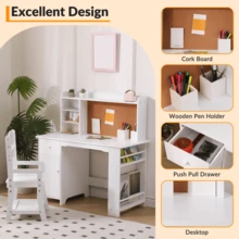 Kinderschreibtisch-Set mit Stuhl & Bücherregal – Massivholz, Pinnwand, Aufbewahrung – Ergonomischer Lerntisch für Zuhause & Schule – Für Kinder (3-8 Jahre) – Weiß/Pink - Weiss - Übersicht 3