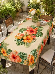 1pc Tropical Hibiscus Orange Floral Print Tablecloth, Beige Background With Citrus Green Leaf Pattern, Vintage Country Style, Outdoor Summer Party Decor, Stain-Resistant And Easy To Clean, Camping Picnic Essential - Multicolor - View 7