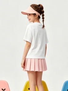 Camiseta de manga corta holgada y suave para niñas con patrón estampado de ojos en rayas amarillas adecuada para primavera y verano.White - Blanco - Ver 2