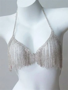 1pc Sexy Nightclub Bling Tassel Crystal Bra, Fashion Bikini Chest Chain For Summer Beach Party - Silver - View 3
