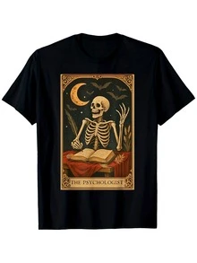 Men's Shirt With A Psychiatrist Skull Design, Made From High-Quality Fabric. This Casual Crew Neck T-Shirt Features A Mysterious Skull And Book Design And Is Available In A Wide Range Of Sizes (S-XXXL). It's Suitable For Parties, The Beach, Sports, And Other Outdoor Activities, And Is Also A Great Choice For Everyday Wear In All Seasons. - 黑色 - 查看 7