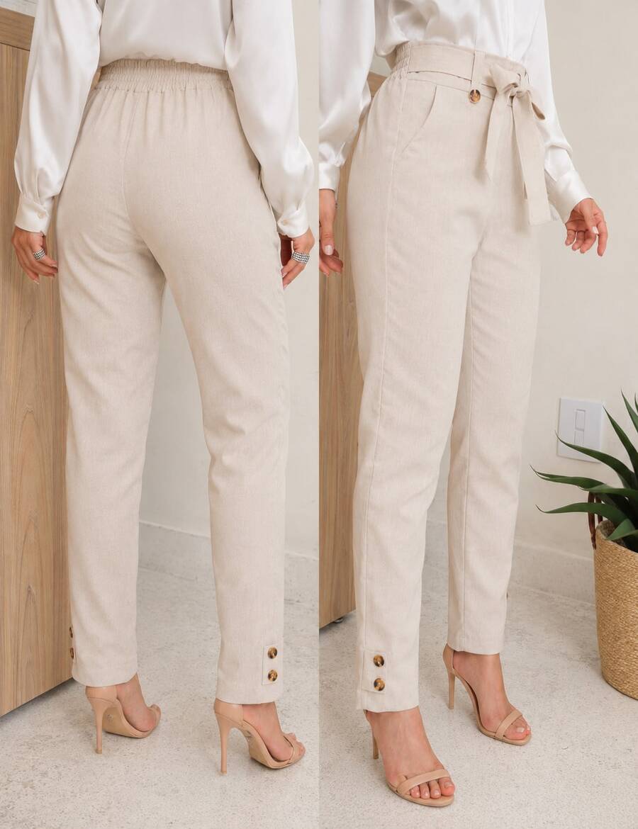 Women's Skinny Linen High-Waisted Trousers With Slash Pockets And Front Tie – Elegant Formal Style, Modern Tailoring, Chic Fitted Cut For Work, Events, And Sophisticated Casual Fashion Looks - 米色 - 查看 1