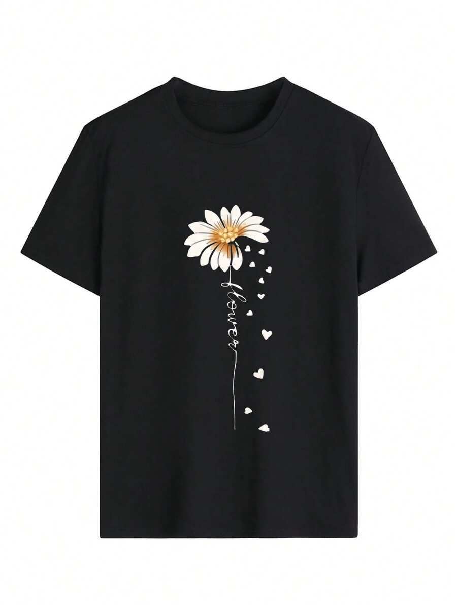 A White Flower With Soft Petals That Scatter To Form Hearts Symbolizes The Purity Of Love And Hope For New Beginnings. A Comfortable, Casual Women's T-Shirt For Everyday Wear, Stylish And Modern. - 黑色 - 查看 1