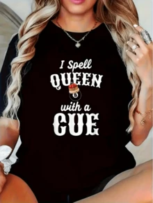 A Symbol Representing The Strength And Elegance Of A Queen, Along With A Crown, Above A Number Eight Billiard Ball, Showcasing Independence And Feminine Power In A Modern, Comfortable, Casual Women's T-Shirt For Everyday Wear. - 黑色 - 查看 1