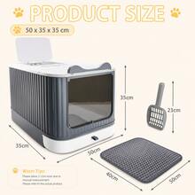 White Gray Semi-Closed Cat Litter Box, 50*35*35cm Anti-Splash Pull-Out Cat Toilet With Scoop And Litter Mat For Small And Medium Cats - White Grey - View 7