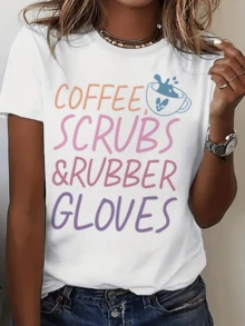 Mug With Steaming Coffee And Phrases Celebrating Daily Work And Energy, Expressing Passion And Effort In Soft Colors; Comfortable And Modern Casual Women's T-Shirt - 白色 - 查看 1