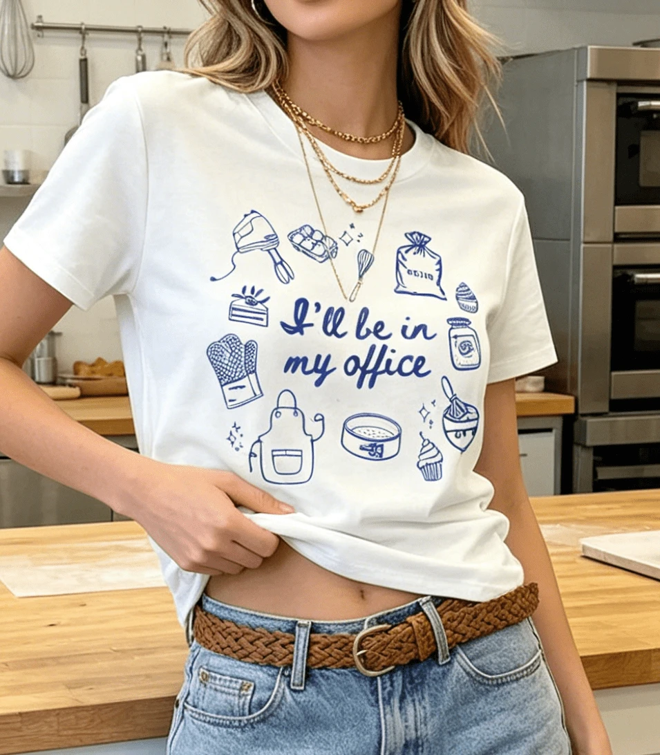 Women's 100% Cotton T-Shirt With "I'm In My Office" Print For Bakery, Round Neck, Short Sleeve, Casual And Modern Summer Top, Breathable And Comfortable Blouse For Pastry Shop - 白色 - 查看 1