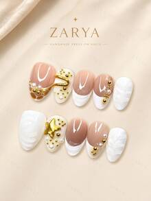 10pcs Handmade Almond Press On Nails, Nude White Gold Glossy Fake Nails With Pearl, Star Charm & Elegant 3D Nail Art For Women Including Nail Art Tools(1 Sheets Stickers+1PC Nail File),Suitable Daily, Casual, Wedding,Holiday Wear, Best Women And Girls - A08 - 查看 4