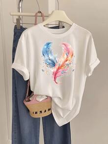 Dos plumas que se entrelazan en tonos azul y rosa simbolizan la unión de la energía y la libertad con destellos brillantes que evocan esperanza movimiento y elegancia camiseta de mujer casual cómoda para uso diario - Blanco - Ver 1
