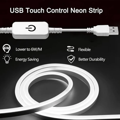 Dây đèn LED neon chống nước IP67 với công tắc cảm ứng, nguồn USB, đèn dây linh hoạt không điểm sáng, ánh sáng đồng đều, băng dính tự dính có thể cắt được, thích hợp cho phòng ngủ, đèn nền TV, tủ bếp, gương, cầu thang, kệ, bàn trang điểm, tủ trưng bày, tiệc tùng, đám cưới, ngày lễ và trang trí nhà cửa.