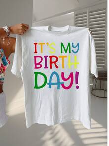 Short-Sleeved, Round-Neck, Casual T-Shirt With "Happy Birthday" Print, Women's Clothing. Elegant Party Outfit, T-Shirt For Elegant Ladies, Blouses Suitable For Curvy Women, Casual Wear, Cool And Sweat-Free Summer Clothing, Fun Letter Print. - 白色 - 查看 1