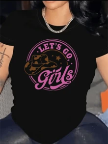 1 pieza y2k Camiseta Deportiva de Manga Corta con Cuello Redondo y Estampado de Letras de Sombrero de Vaquero del Oeste, Ropa Deportiva para Mujer, 180g, 100% Algodón - Negro - Ver 1