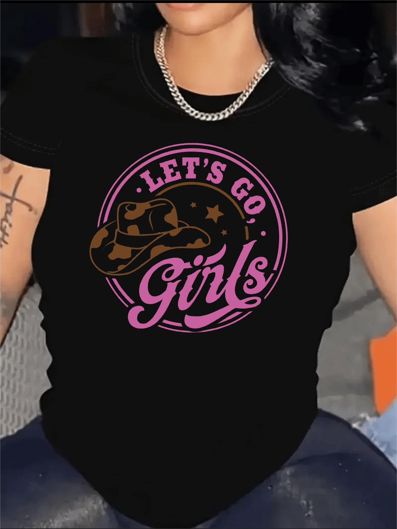 1 pieza y2k Camiseta Deportiva de Manga Corta con Cuello Redondo y Estampado de Letras de Sombrero de Vaquero del Oeste, Ropa Deportiva para Mujer, 180g, 100% Algodón - Negro - Ver 1