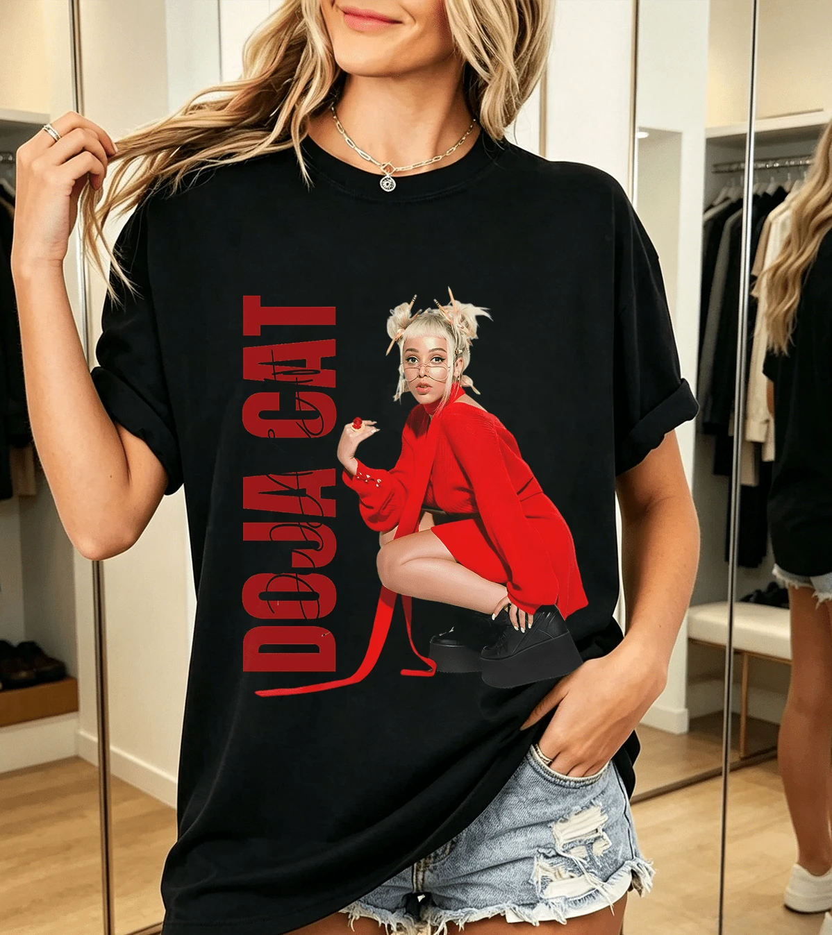 100% Cotton Doja Cat Style Red Hip Hop Pop Star T-Shirt - Black - View 1
