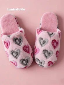 Pink Heart Print Closed Toe Mule Slippers Soft Flat Quiet Indoor Slippers - Pink - View 4