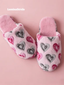 Pink Heart Print Closed Toe Mule Slippers Soft Flat Quiet Indoor Slippers - Pink - View 3