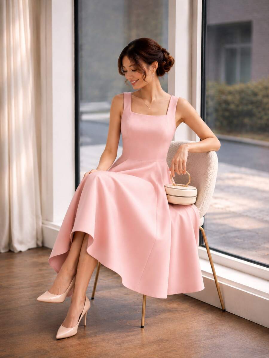 Women's Midi Dress With Square Neckline And Defined Waist | Elegant Midi Dress | Tailored Style | Defined Waist | Perfect Mother's Day Gift - Rosa Rosé - 查看 1