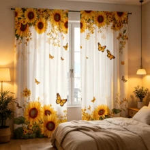 2 Stücke Aquarell Sonnenblumen und Schmetterlinge Vorhang. Mit goldenen Sonnenblumen kombiniert mit Monarchfalter und floralen Verzierungen. 2D Flachdruck, lichtdurchlässig. Sommerliches botanisches Thema, geeignet für Wohnzimmer, Esszimmer, Bauernhäuser und Küchen. - Verschiedenfarbig - Übersicht 8