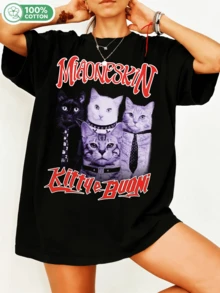 Maneskinn Kittyy Buonii Rockband Funny Cat Graphic 100% Cotton Oversized T-Shirt Y2K Streetwear Aesthetic Unisex T-Shirt For Men And Women Rock Music Fans Casual Everyday Top. - Black - View 1