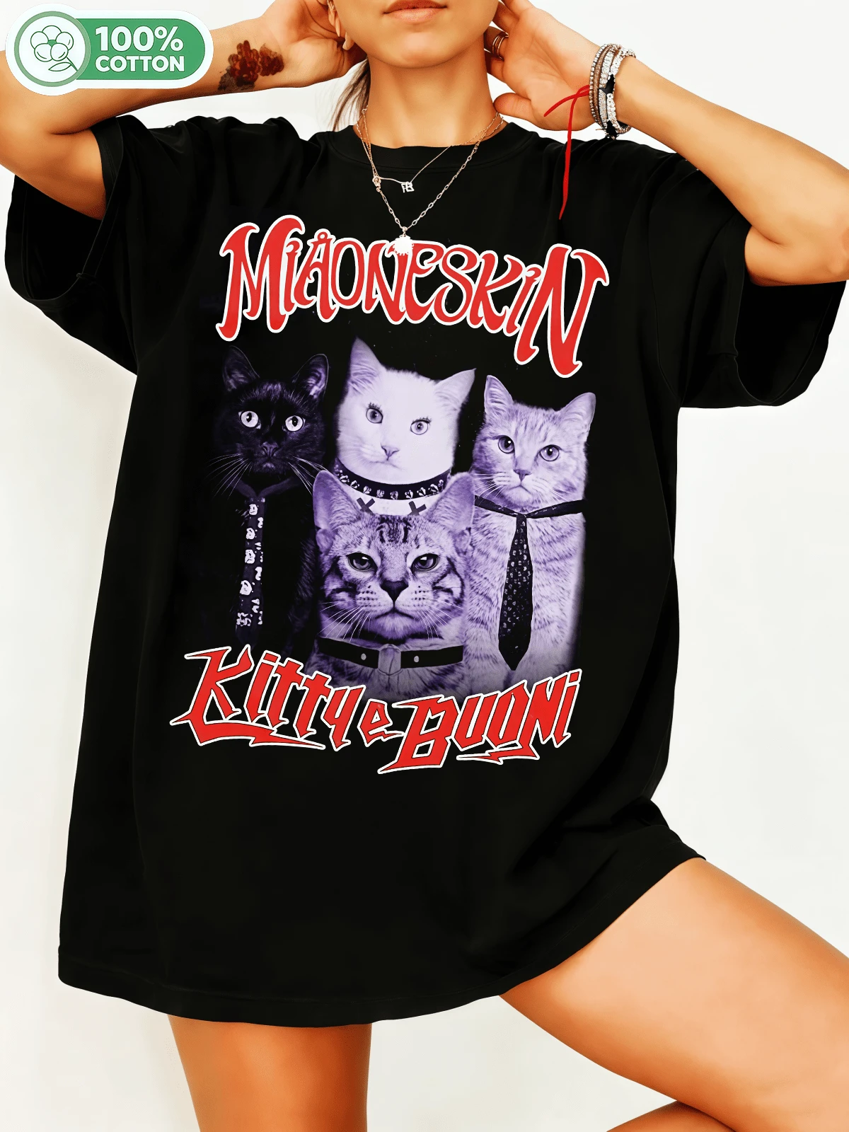 Maneskinn Kittyy Buonii Rockband Funny Cat Graphic 100% Cotton Oversized T-Shirt Y2K Streetwear Aesthetic Unisex T-Shirt For Men And Women Rock Music Fans Casual Everyday Top. - Black - View 1