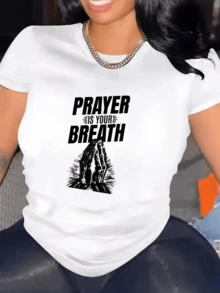 Hands Clasped And Raised Towards The Light Symbolizing Faith, Hope, And Spiritual Connection With Positive Energy That Inspires Inner Calm And Daily Strength. Comfortable Casual Women's T-Shirt For Everyday Wear. - 白色 - 查看 6