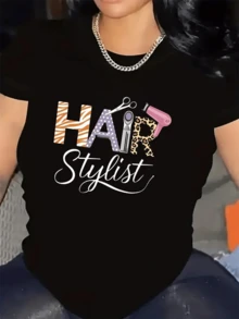 Words That Celebrate The Passion For Hair Art With Colorful Lettering Symbolizing Creativity, Beauty Tools, And Feminine Strength. Ideal For Modern Professionals. Casual Women's T-Shirt With A Motivational Message. - 黑色 - 查看 6