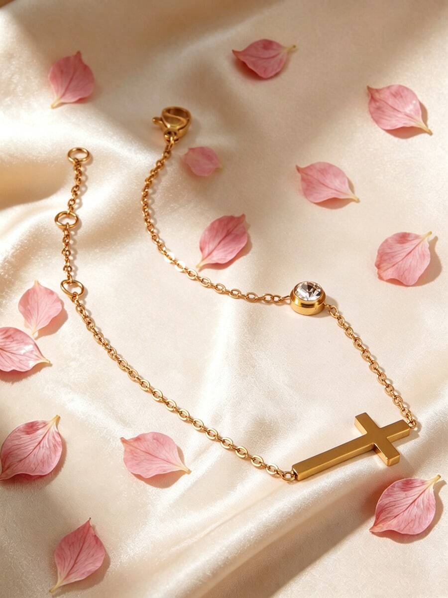 1pc Classic Stainless Steel Chain Bracelet With Glass And Cross Decor, Suitable For Women And Men For Daily Wear - Yellow Gold - View 1