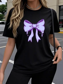 Bright Purple Ribbon Symbolizing Sweetness And Confidence With A Modern Touch In Drops That Evoke Creativity And Freedom. Comfortable, Modern Casual Women's T-Shirt For Summer - 黑色 - 查看 6