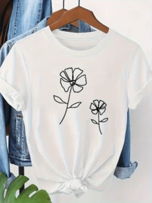 Two Flowers Drawn With Fine Lines Represent The Connection Between Nature And Simplicity, Showing Delicacy And Inner Harmony. Women's Casual White T-Shirt With Modern Artistic Print - 白色 - 查看 6