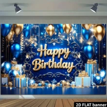 2D平面生日快乐主题横幅背景,海军蓝和金色调生日主题,搭配蓝金气球、条纹礼盒和闪亮星星装饰,采用涤纶材质,无需电源,适合室内/室外生日庆祝活动,可用作拍照背景、多功能墙面装饰,适用于家庭聚会、办公室庆典、户外派对、影棚布置、节日礼物等场合,轻便易挂,装饰性强,优雅美观,营造喜庆温馨的生日氛围。 - 1 - 查看 6