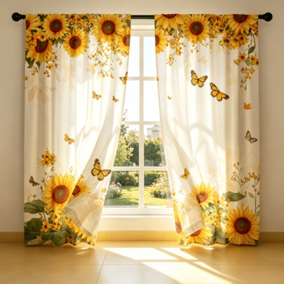 2 chiếc rèm hoa hướng dương và bướm màu nước. Đặc điểm hoa hướng dương vàng kết hợp với bướm Monarch và trang trí hoa. In phẳng 2D, xuyên thấu. Chủ đề thực vật mùa hè, phù hợp cho phòng khách, phòng ăn, nhà nông thôn và nhà bếp.