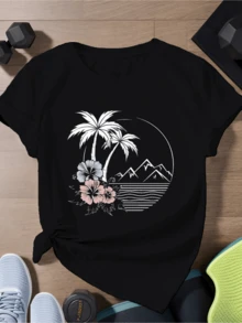 Palmeras altas con flores tropicales frente a montañas y un mar sereno simbolizan libertad y equilibrio interior ideal para espíritus aventureros camiseta de mujer casual moderna cómoda para verano - Negro - Ver 6