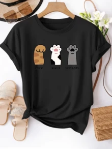 Three Playful Cat Paws Represent The Classic Game Rock-Paper-Scissors, Conveying Humor, Tenderness, And Love For Animals In A Modern And Casual Women's T-Shirt Design. - 黑色 - 查看 1