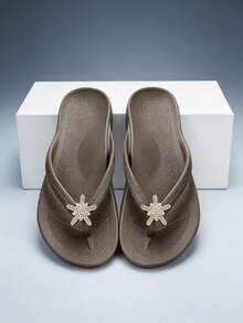 Unisex Flip Flops With Arch Support, Solid Color Beach/Home Slippers, Suitable For Spring, Summer, Autumn - Brown-star Shoe Flower - View 20
