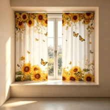 2 Stücke Aquarell Sonnenblumen und Schmetterlinge Vorhang. Mit goldenen Sonnenblumen kombiniert mit Monarchfalter und floralen Verzierungen. 2D Flachdruck, lichtdurchlässig. Sommerliches botanisches Thema, geeignet für Wohnzimmer, Esszimmer, Bauernhäuser und Küchen. - Verschiedenfarbig - Übersicht 2