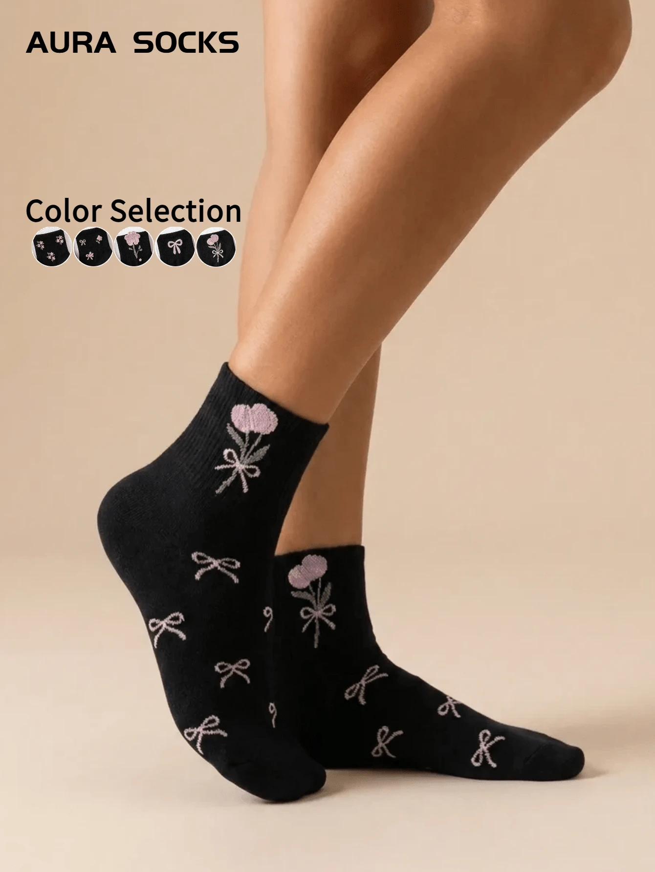 1/5 paires de chaussettes montantes polyvalentes pour femmes avec motif nœud rose et floral, doux et confortable, convient pour toutes les saisons - Multicolore - Voir 1