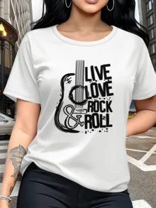 Electric Guitar With A Positive Message Evoking Freedom, Passion For Music, And The Spirit Of Rock And Roll. Modern Casual Women's T-Shirts For Everyday Wear. - 白色 - 查看 1