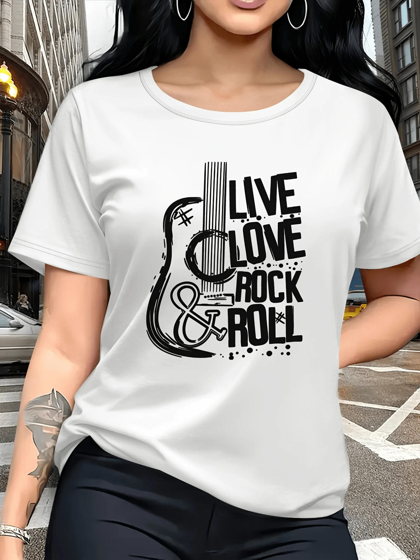 Electric Guitar With A Positive Message Evoking Freedom, Passion For Music, And The Spirit Of Rock And Roll. Modern Casual Women's T-Shirts For Everyday Wear. - 白色 - 查看 1