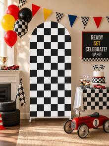 1 Black And White Checkered Arch Backdrop, Racing Theme Polyester Backdrop, Racing Theme Party Backdrop, Arch Fabric Cover, Wedding Decoration, Can Be Matched With Balloon Decoration, Racing Theme Birthday Party Decoration, Party Decoration, Gender Reveal Party Supplies, Bridal Shower Supplies, Home Decoration, Photo Props - Racing Grid - View 6
