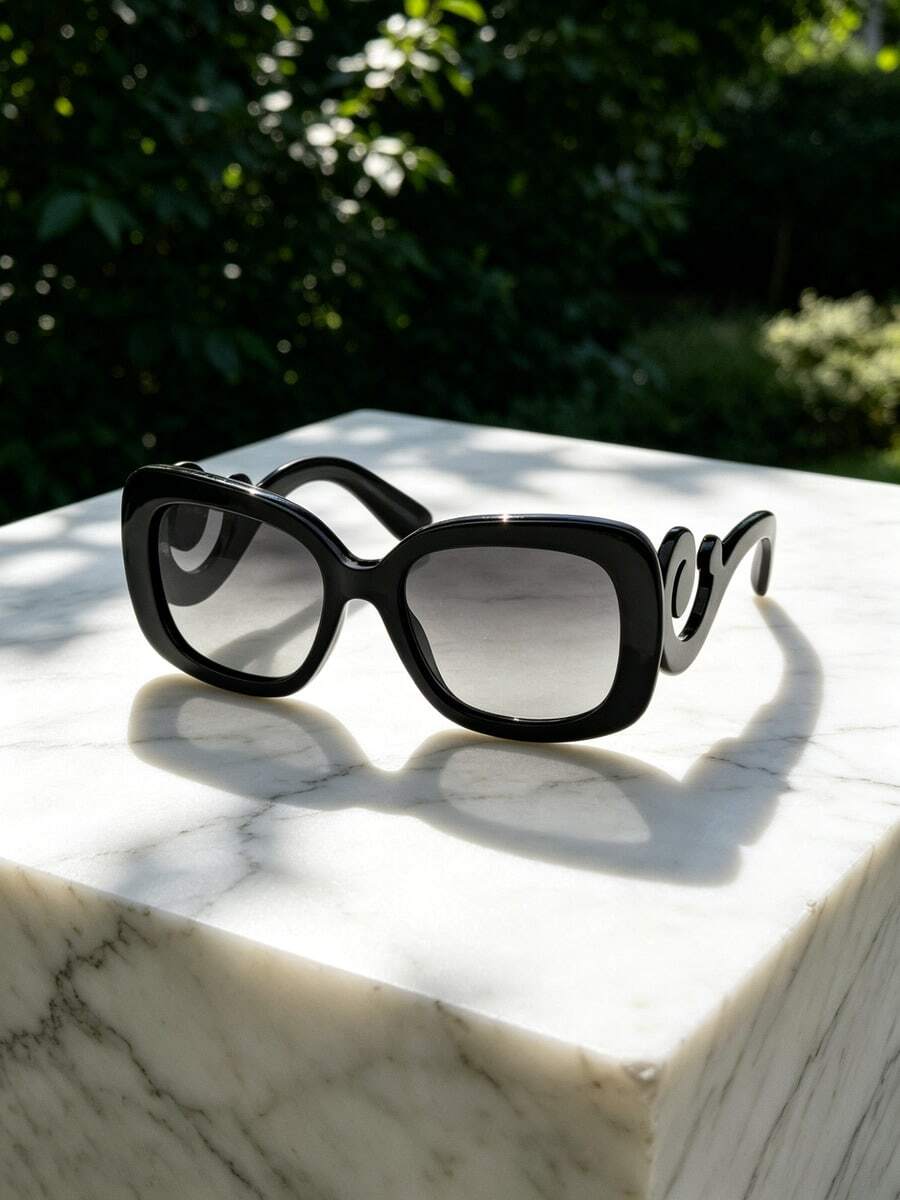 Prada Kính mắt thời trang cao cấp, nhẹ, gọng đen lượn sóng hình chữ nhật, thiết kế độc đáo dành cho cả nam và nữ, với tròng kính màu xám chuyển sắc độ nét cao. - độ dốc màu xám - Xem 1