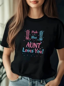 Pink And Blue Boots Symbolize The Affection And Joy Of A Loving Aunt, Surrounded By Hearts That Represent Tenderness And Family Unity-Perfect For Expressing Affection. A Comfortable And Modern Casual Women's T-Shirt. - 黑色 - 查看 1