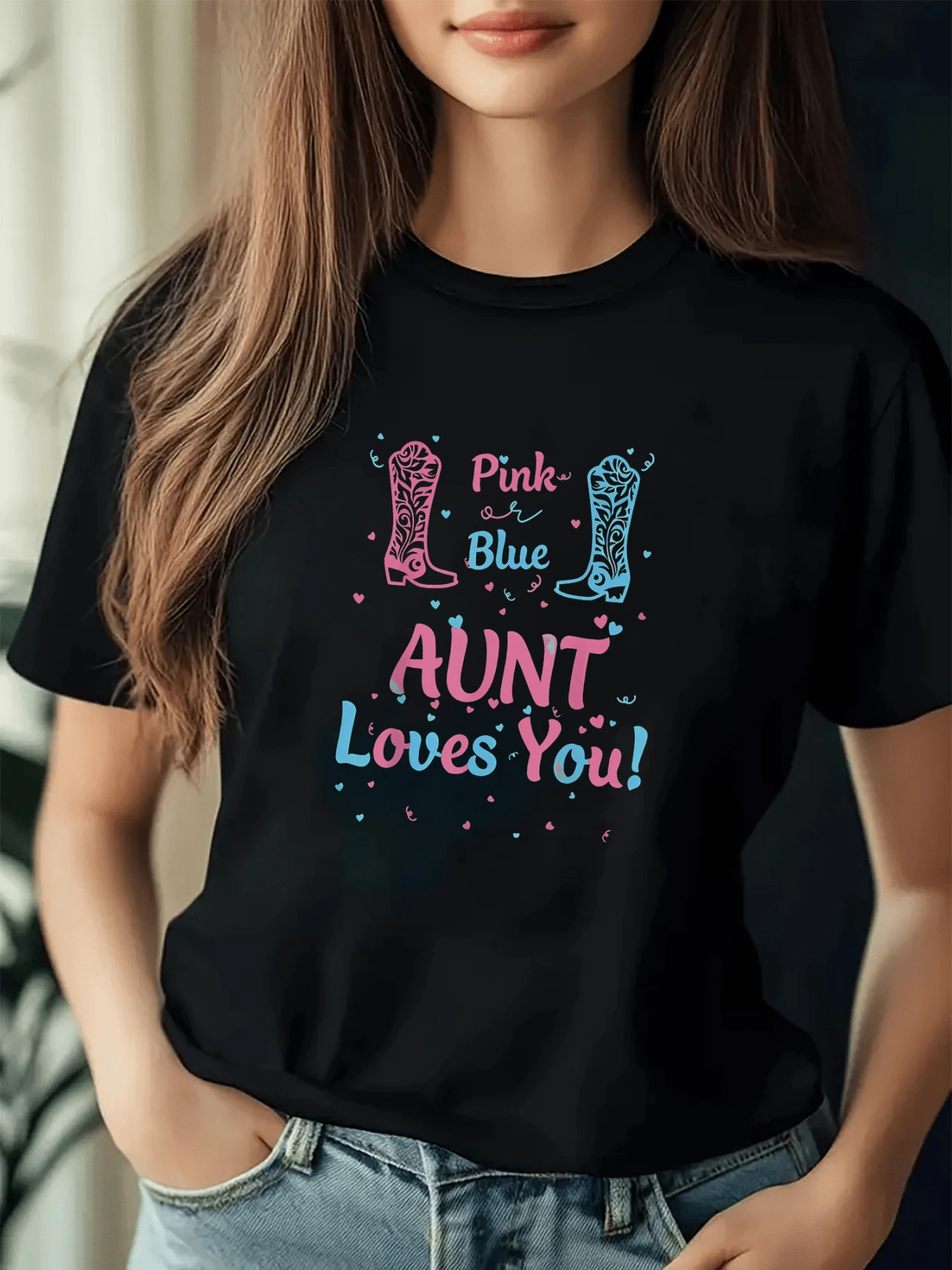 Pink And Blue Boots Symbolize The Affection And Joy Of A Loving Aunt, Surrounded By Hearts That Represent Tenderness And Family Unity-Perfect For Expressing Affection. A Comfortable And Modern Casual Women's T-Shirt. - 黑色 - 查看 1