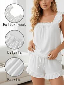 Conjunto de pijama de verano para mujer con top de tirantes con volantes y shorts con cordón - Beis - Ver 2