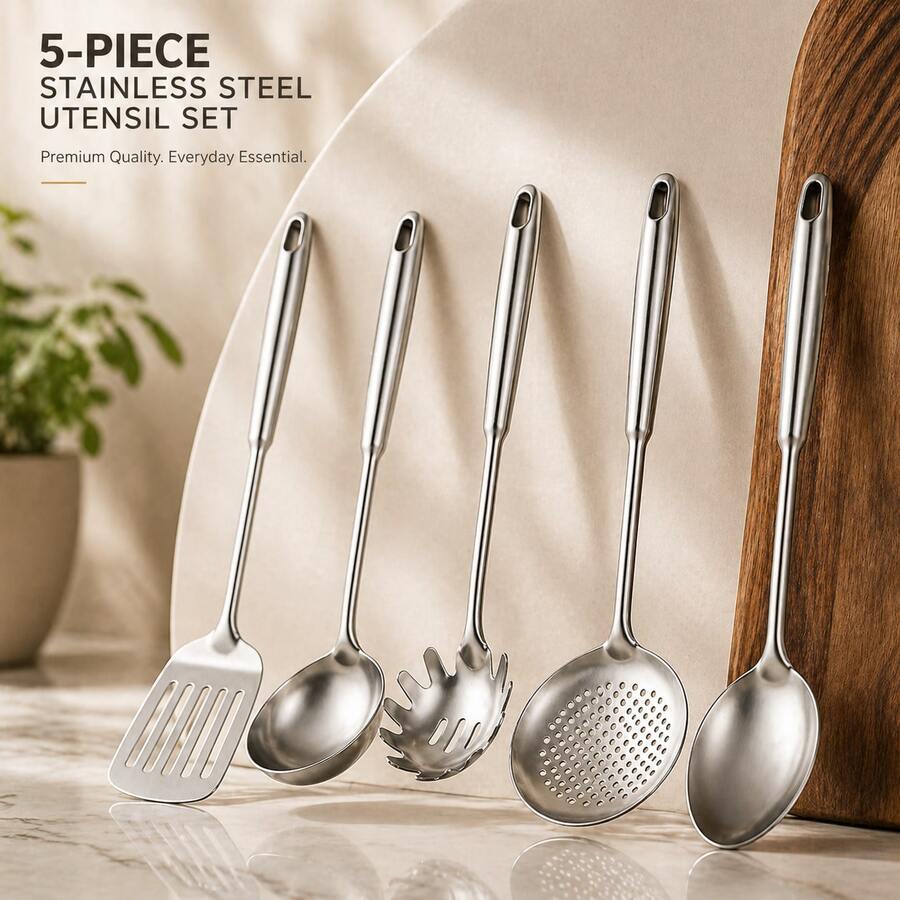 5 Pcs/Set Stainless Steel Cooking Utensil Set, Heat Resistance Metal Kitchen Tools Kitchen Utensil Set Turner Spoon Cooking Tools - Silver - View 1