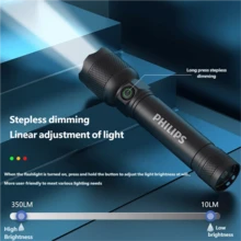 PHILIPS 飛利浦 USB 充電式便攜手電筒，全金屬機身，超亮，長電池壽命，戶外徒步露營燈，自衛頭部設計，防水緊急燈，原裝飛利浦 SFL2188 - 黑色 - 查看 2